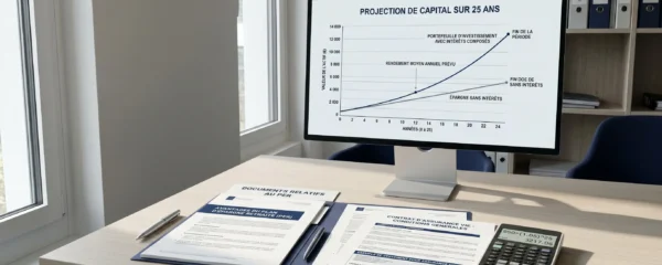 Bureau de conseiller en gestion de patrimoine avec écran affichant projection de capital sur 25 ans, documents PER et assurance-vie, calculatrice financière, bibliothèque de codes réglementaires en arrière-plan, lumière naturelle