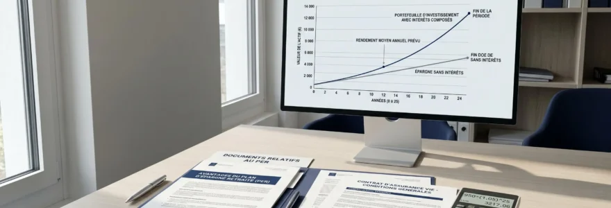 Bureau de conseiller en gestion de patrimoine avec écran affichant projection de capital sur 25 ans, documents PER et assurance-vie, calculatrice financière, bibliothèque de codes réglementaires en arrière-plan, lumière naturelle