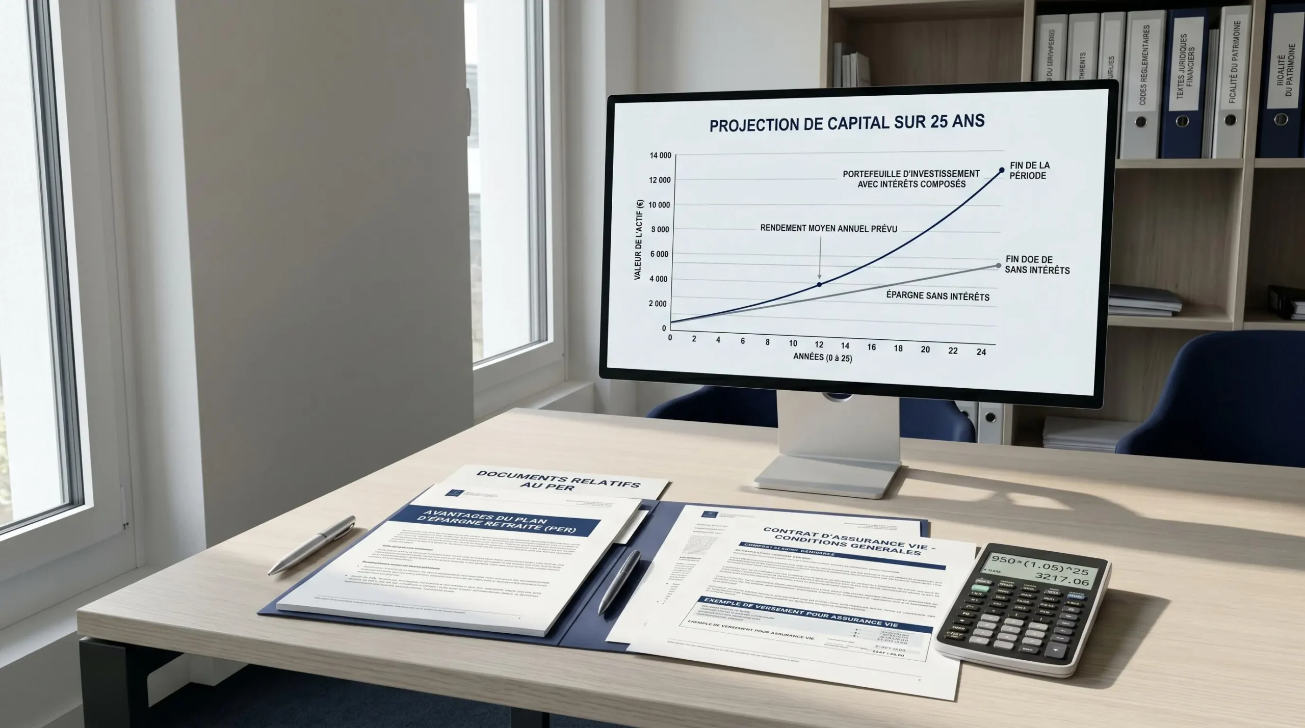 Bureau de conseiller en gestion de patrimoine avec écran affichant projection de capital sur 25 ans, documents PER et assurance-vie, calculatrice financière, bibliothèque de codes réglementaires en arrière-plan, lumière naturelle