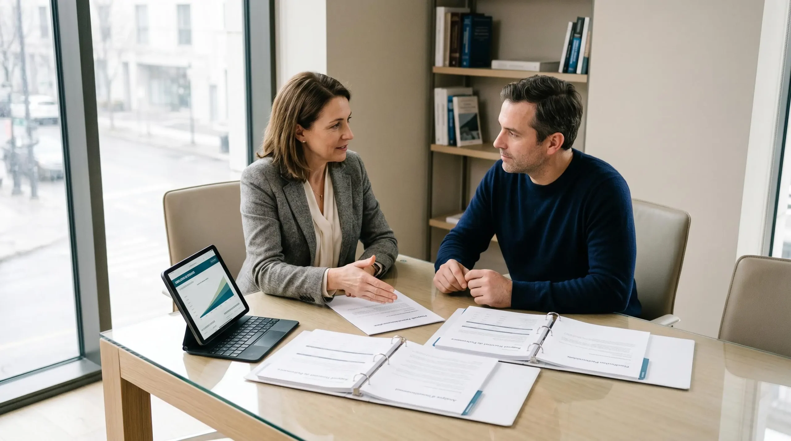 Conseiller en gestion de patrimoine et client en discussion autour d'une table moderne avec documents financiers et tablette affichant simulation, dans une agence contemporaine avec lumière naturelle