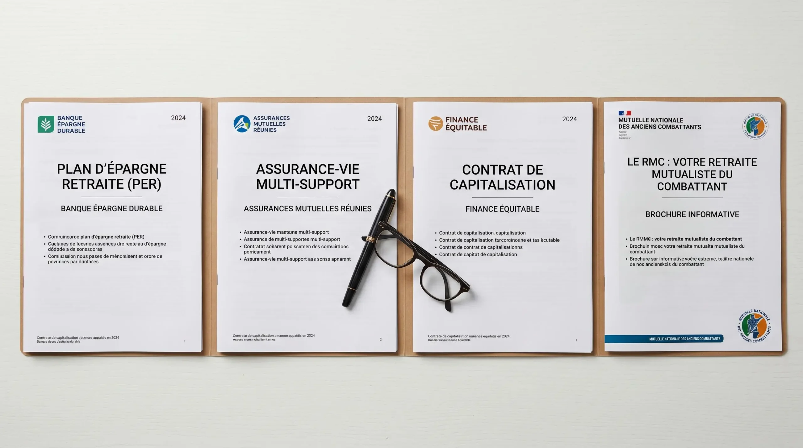 Vue de dessus de 4 dossiers de souscription disposés côte à côte : PER individuel, assurance-vie multisupport, contrat de capitalisation et brochure RMC, avec stylo et lunettes de lecture sur table épurée