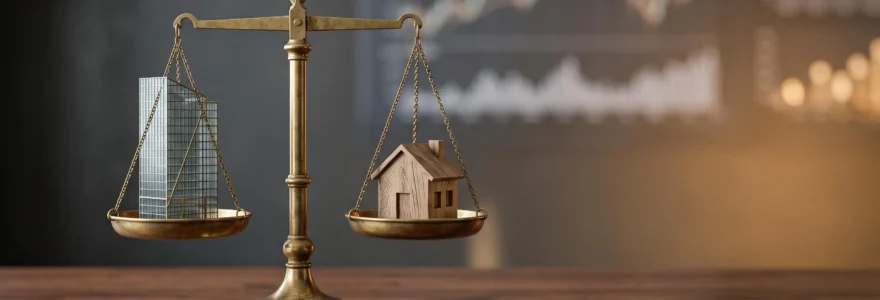 Une balance de precision comparant symboliquement un grand immeuble financier et un petit bureau independant, illustrant le choix d'une societe de gestion pour son epargne