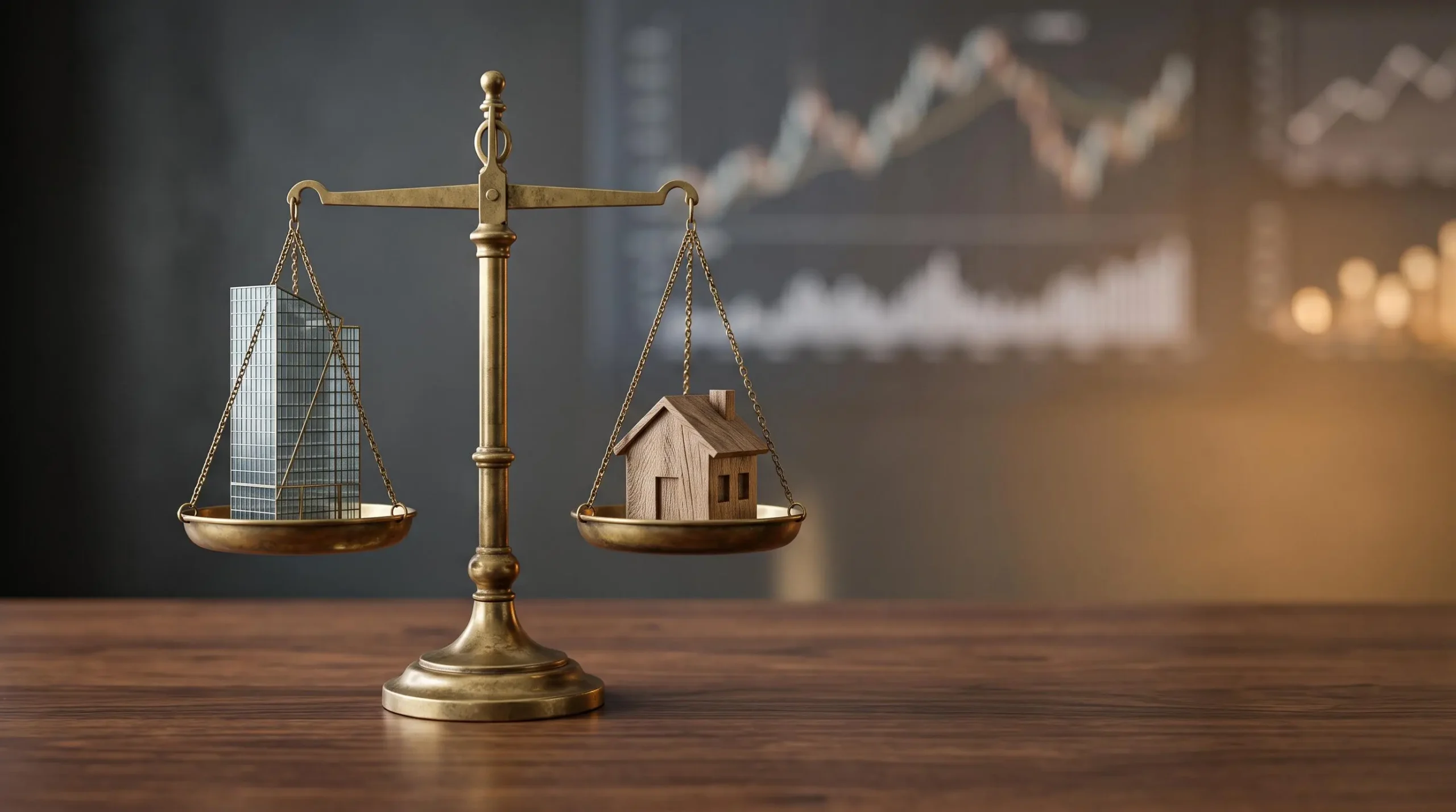 Une balance de precision comparant symboliquement un grand immeuble financier et un petit bureau independant, illustrant le choix d'une societe de gestion pour son epargne