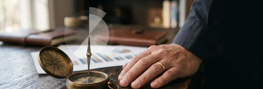 Investisseur observant une boussole symbolique représentant l'équilibre entre intuition et méthode dans le choix d'un secteur d'investissement