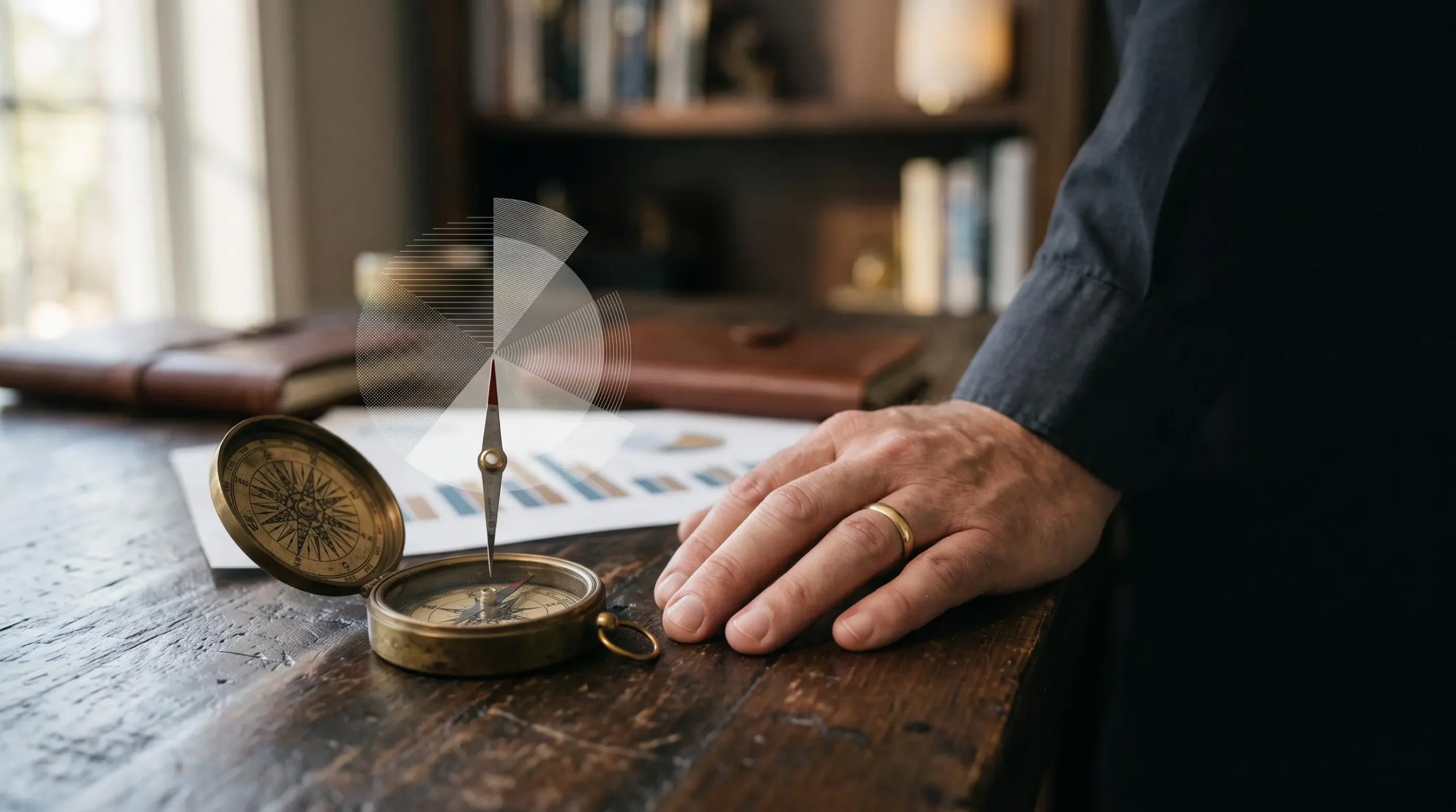 Investisseur observant une boussole symbolique représentant l'équilibre entre intuition et méthode dans le choix d'un secteur d'investissement