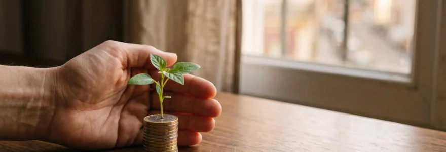 Une main tenant délicatement une jeune pousse qui grandit à partir d'un empilement de pièces, symbolisant la croissance de l'épargne gérée par l'assureur