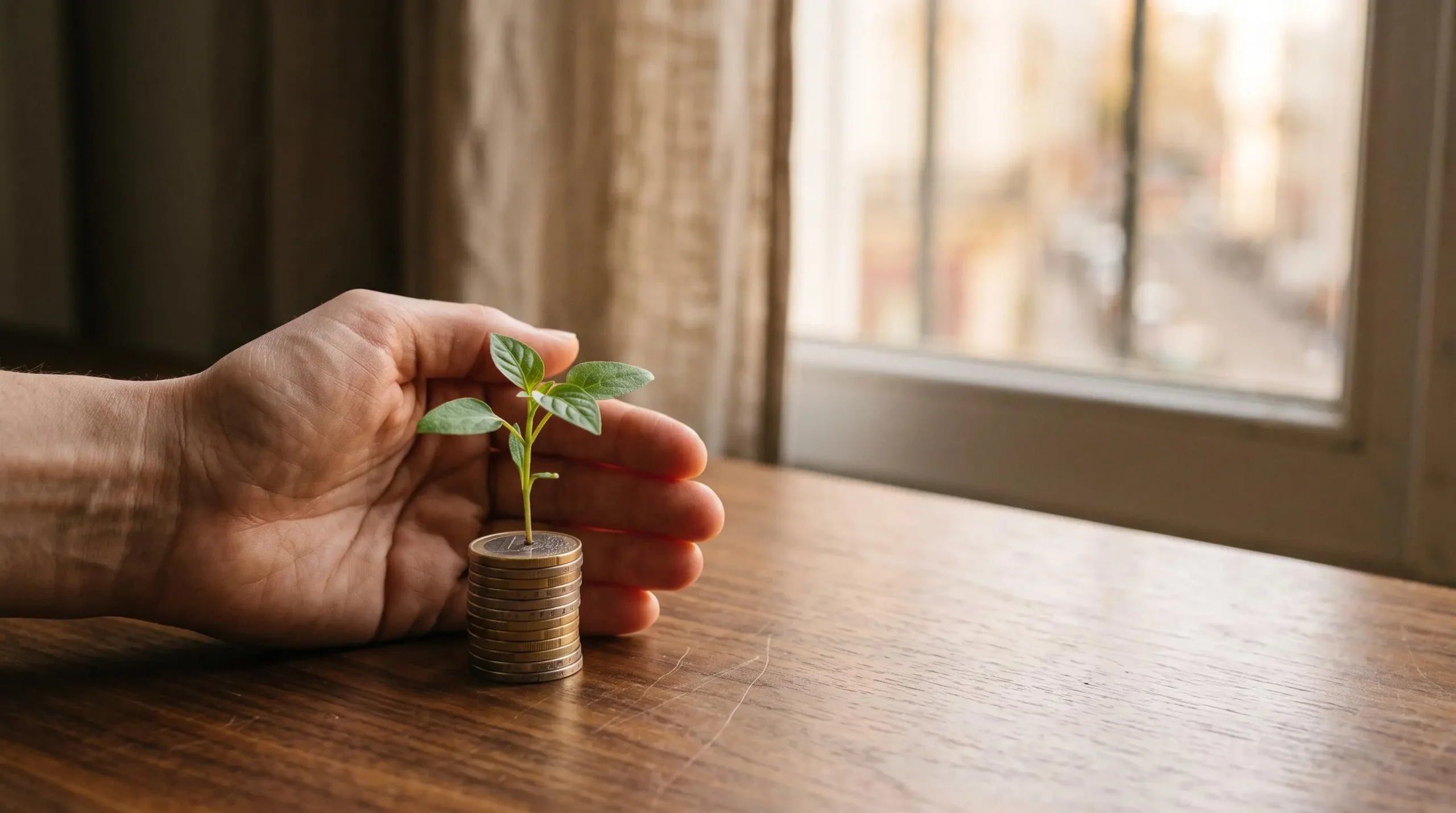 Une main tenant délicatement une jeune pousse qui grandit à partir d'un empilement de pièces, symbolisant la croissance de l'épargne gérée par l'assureur