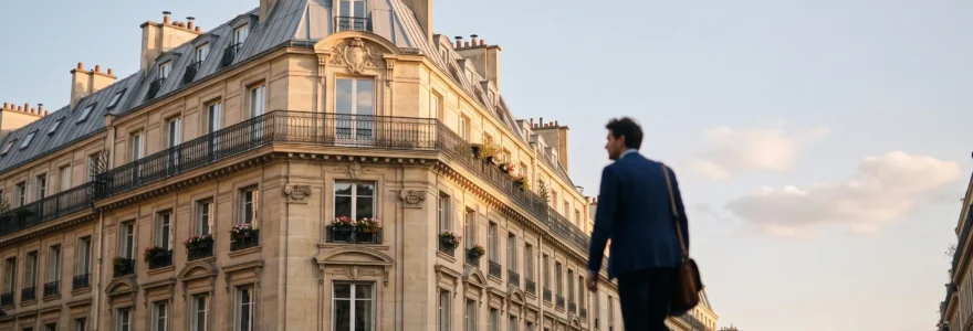 Vue en contre-plongée d'un élégant immeuble haussmannien parisien symbolisant l'investissement immobilier sans achat direct via l'assurance-vie