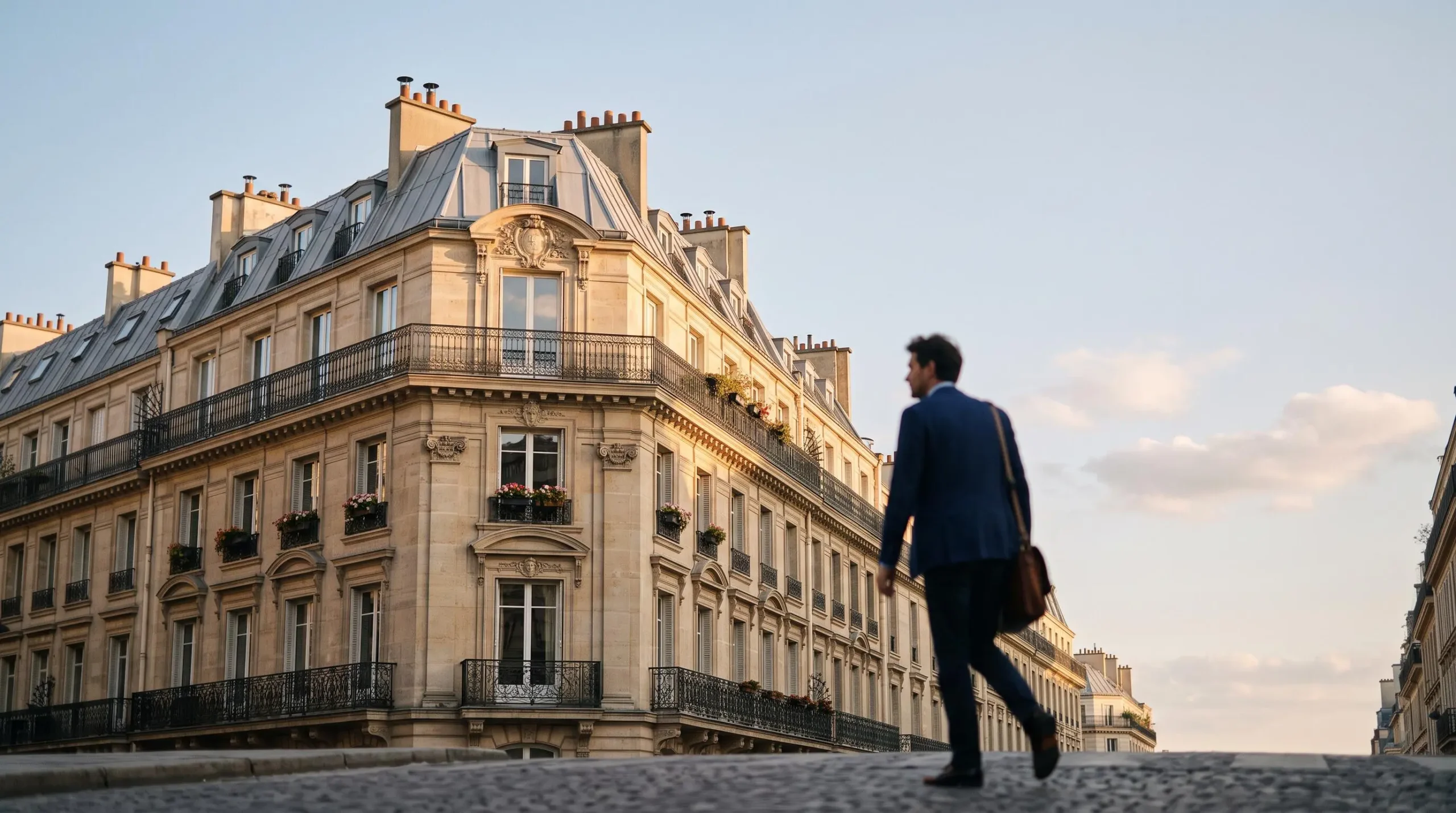 Vue en contre-plongée d'un élégant immeuble haussmannien parisien symbolisant l'investissement immobilier sans achat direct via l'assurance-vie