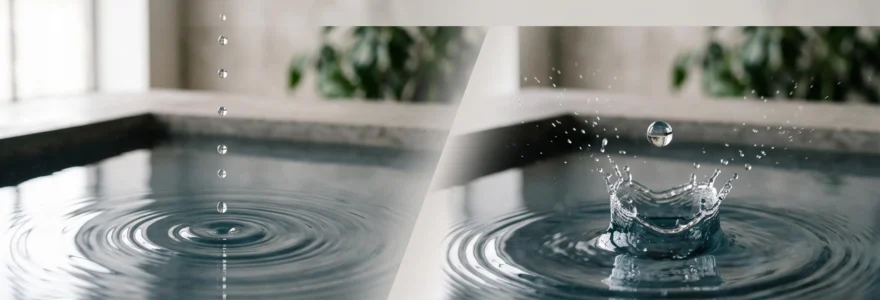 Comparaison visuelle entre un flux régulier de gouttes d'eau et une vague unique, symbolisant l'investissement programmé face au versement d'un capital unique