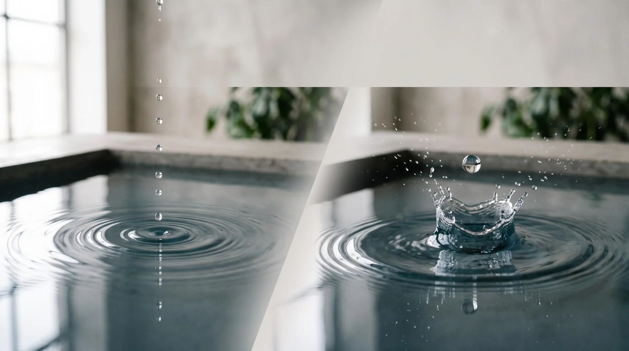 Comparaison visuelle entre un flux régulier de gouttes d'eau et une vague unique, symbolisant l'investissement programmé face au versement d'un capital unique