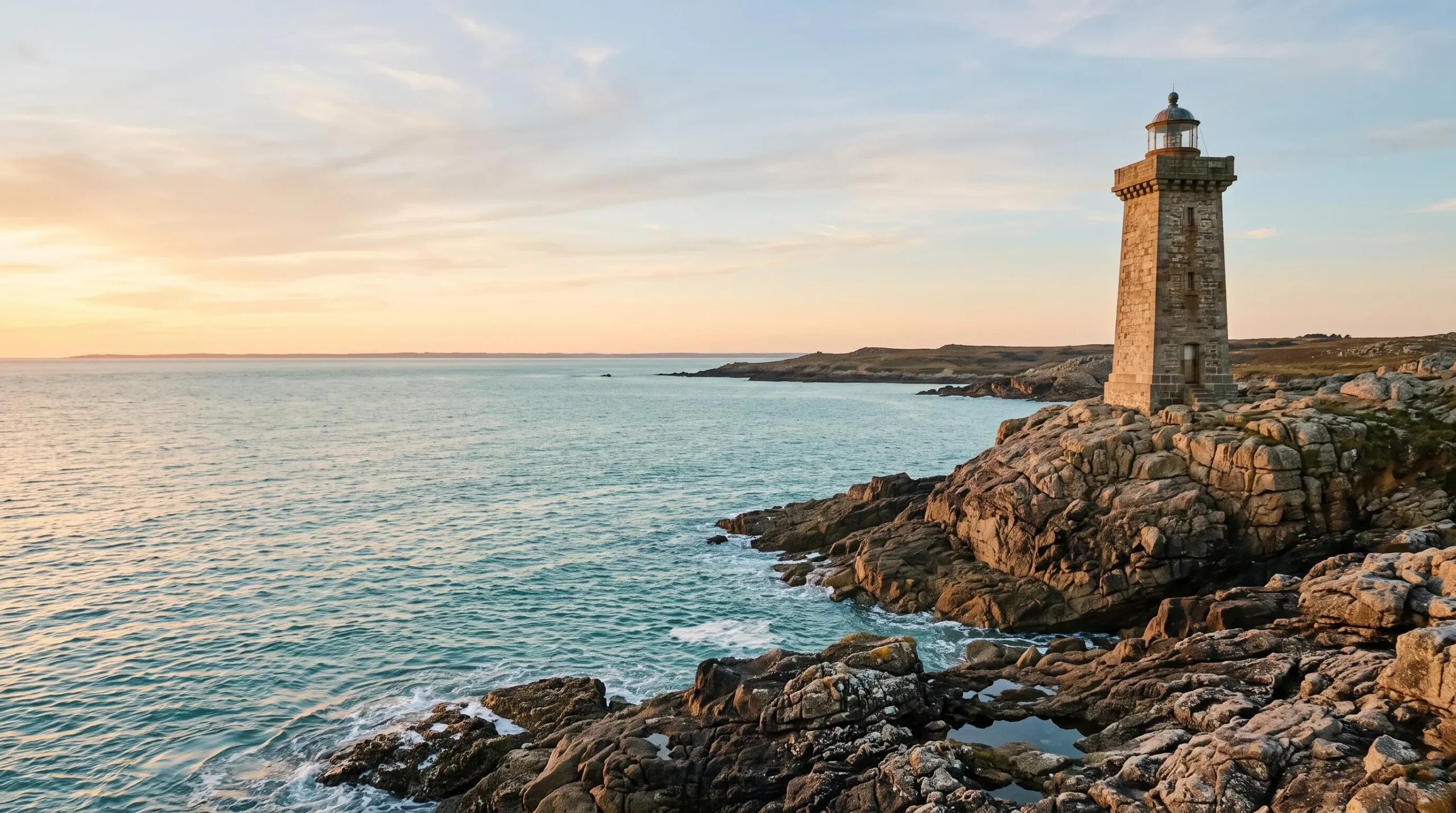 Phare en pierre dressé face à une mer calme au lever du soleil, symbole de la garantie du capital et de la stabilité des fonds euros