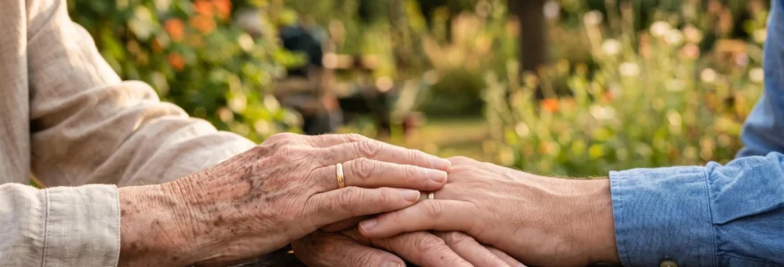 Main d'une personne agee posee avec douceur sur la main d'un adulte plus jeune, symbole de transmission et de confiance intergenerationnelle