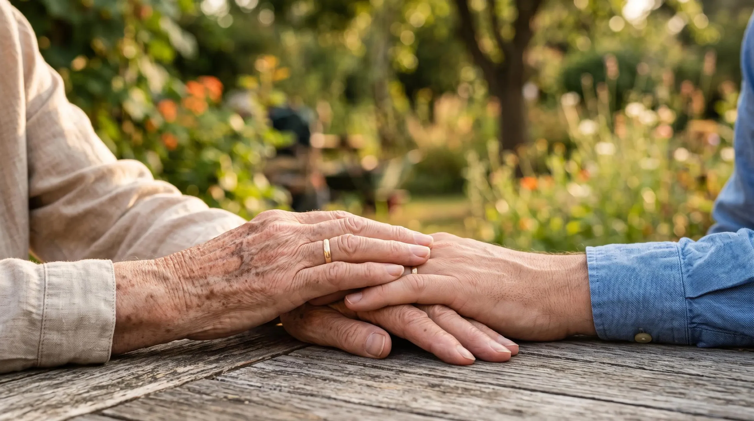 Main d'une personne agee posee avec douceur sur la main d'un adulte plus jeune, symbole de transmission et de confiance intergenerationnelle