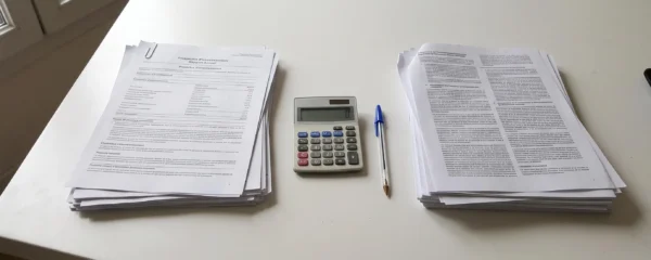 Personne d'une quarantaine d'années étudiant des documents d'épargne retraite à son bureau personnel, prenant des notes, dans un intérieur résidentiel français avec lumière naturelle