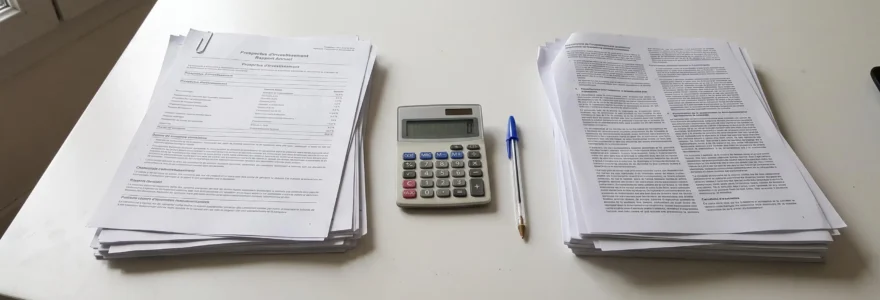 Personne d'une quarantaine d'années étudiant des documents d'épargne retraite à son bureau personnel, prenant des notes, dans un intérieur résidentiel français avec lumière naturelle