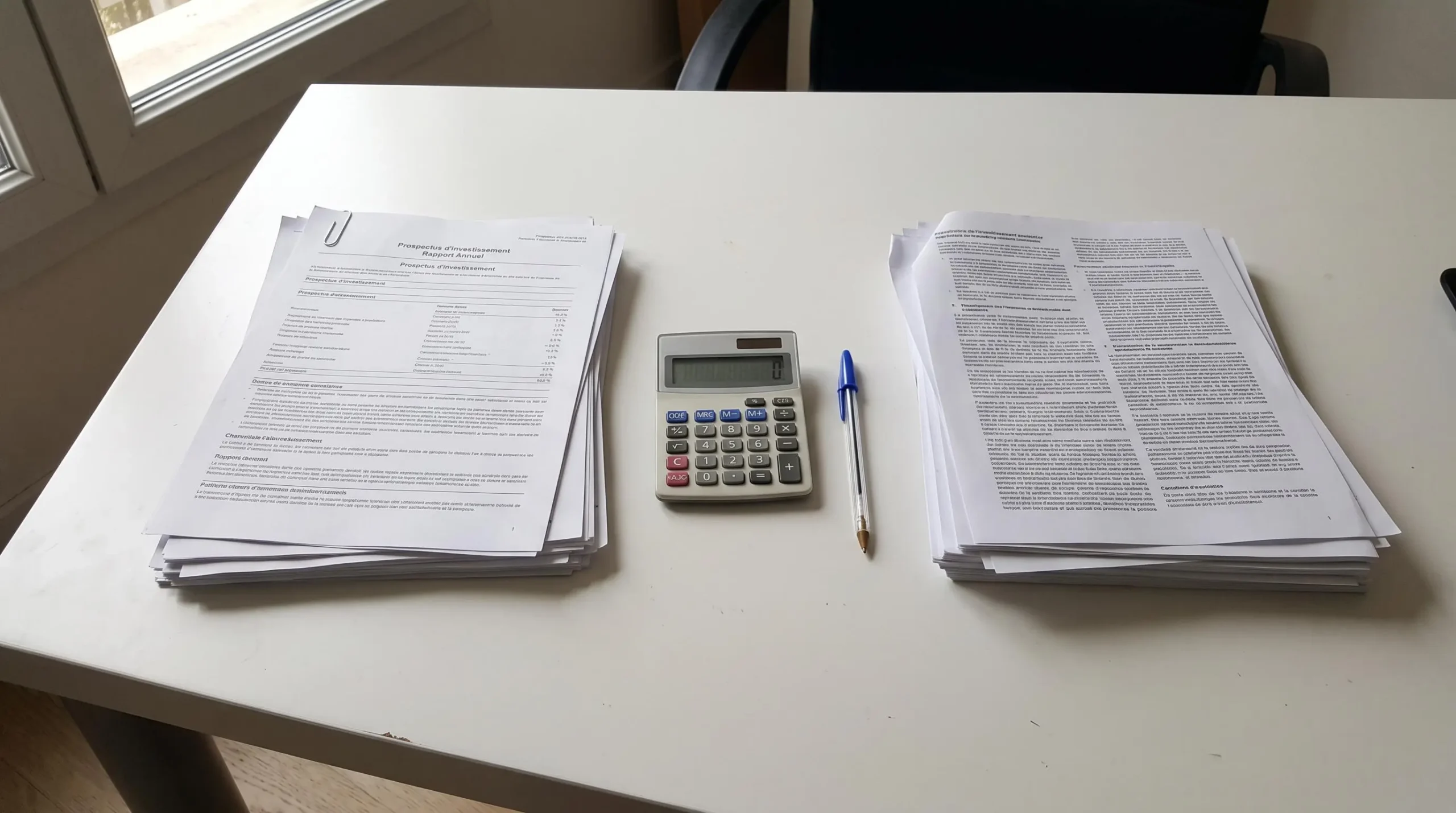 Personne d'une quarantaine d'années étudiant des documents d'épargne retraite à son bureau personnel, prenant des notes, dans un intérieur résidentiel français avec lumière naturelle