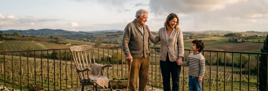 Une famille sur trois générations regarde l'horizon depuis une terrasse, symbolisant la protection financière transmise malgré les aléas des marchés