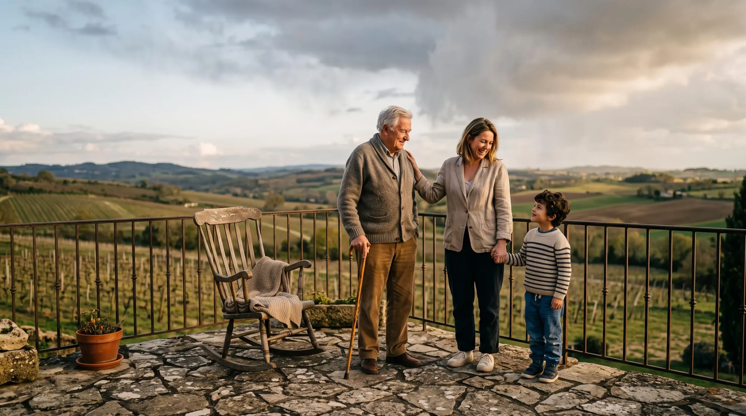 Une famille sur trois générations regarde l'horizon depuis une terrasse, symbolisant la protection financière transmise malgré les aléas des marchés