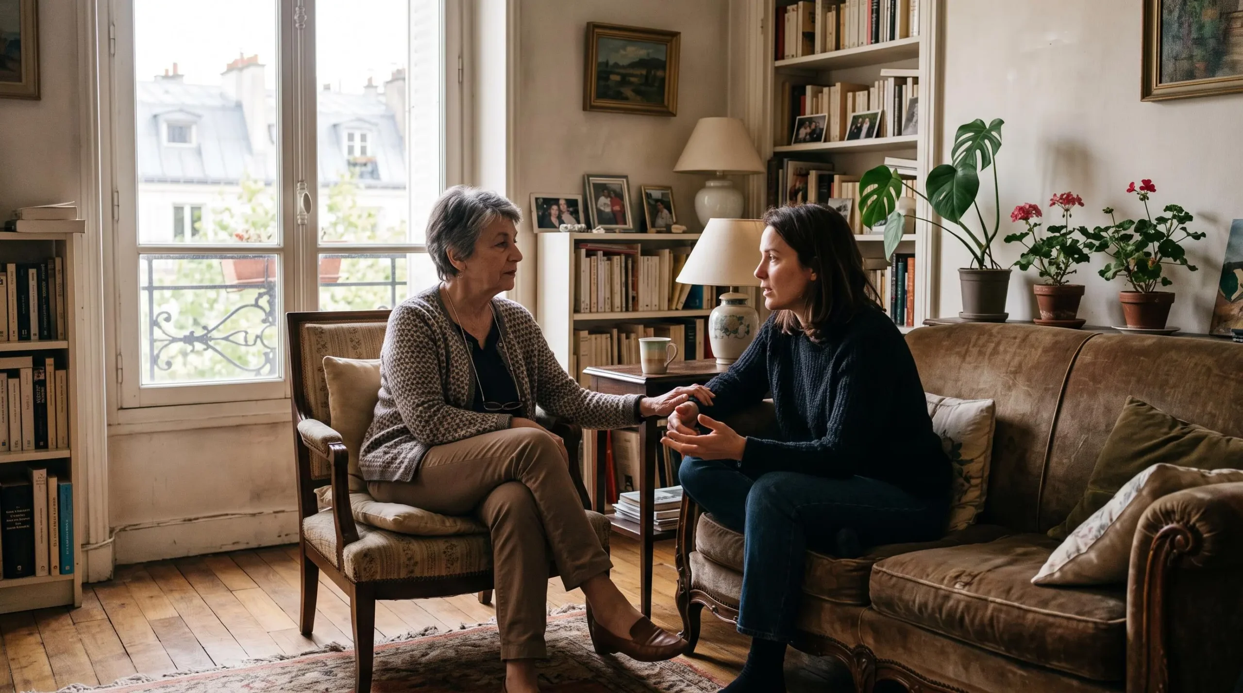 Deux personnes de générations différentes en discussion dans un salon français, lumière naturelle, atmosphère calme suggérant un échange important